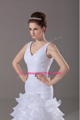 White Mermaid Ruffled Layers Wedding Dresses Lace Up Organza Sleeveless