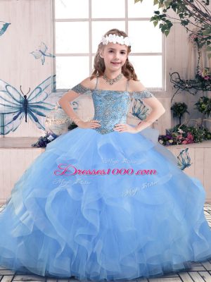 Floor Length Blue Kids Formal Wear Straps Sleeveless Lace Up