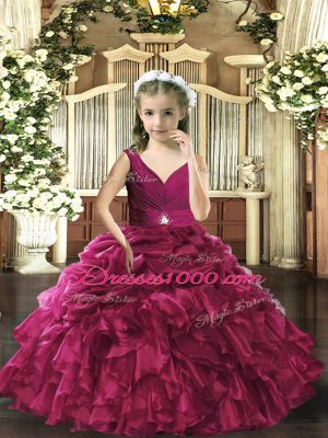 Excellent Floor Length Ball Gowns Sleeveless Fuchsia Little Girls Pageant Dress Wholesale Backless