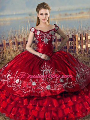 New Arrival Embroidery and Ruffled Layers Ball Gown Prom Dress Red Lace Up Sleeveless Floor Length