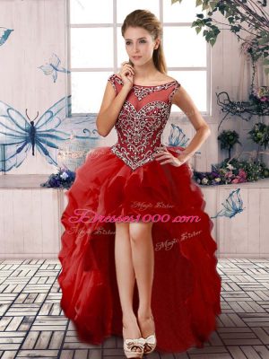 Red A-line Beading and Ruffles Pageant Dress Toddler Zipper Organza Sleeveless High Low