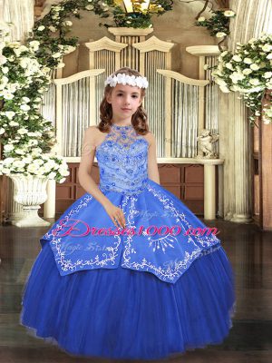 Beauteous Halter Top Sleeveless Little Girl Pageant Dress Floor Length Beading and Appliques Royal Blue Tulle