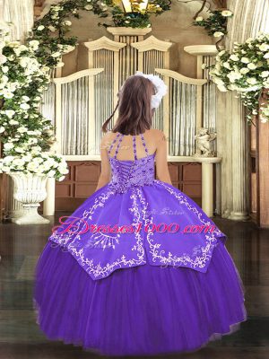 Beauteous Halter Top Sleeveless Little Girl Pageant Dress Floor Length Beading and Appliques Royal Blue Tulle