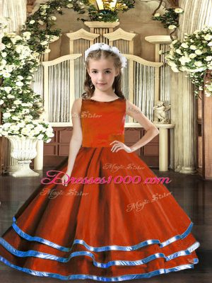 Fantastic Rust Red Ball Gowns Tulle Scoop Sleeveless Ruffled Layers Floor Length Lace Up Pageant Gowns For Girls