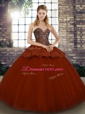 Captivating Sleeveless Tulle Floor Length Lace Up Quinceanera Dress in Rust Red with Beading and Appliques