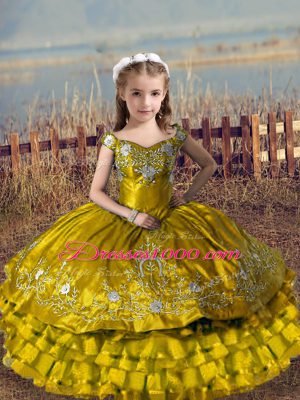 Off The Shoulder Sleeveless Pageant Gowns For Girls Floor Length Embroidery and Ruffled Layers Brown Satin and Organza