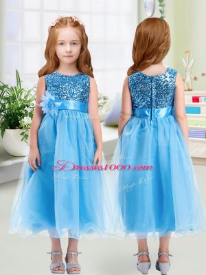 Fitting Baby Blue Scoop Neckline Sequins and Hand Made Flower Toddler Flower Girl Dress Sleeveless Zipper