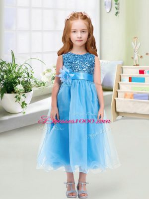 Fitting Baby Blue Scoop Neckline Sequins and Hand Made Flower Toddler Flower Girl Dress Sleeveless Zipper