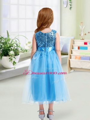 Fitting Baby Blue Scoop Neckline Sequins and Hand Made Flower Toddler Flower Girl Dress Sleeveless Zipper