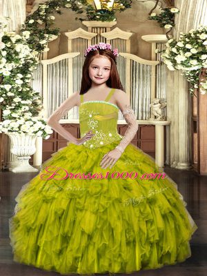 Custom Designed Straps Sleeveless Little Girl Pageant Dress Floor Length Ruffles Olive Green Tulle