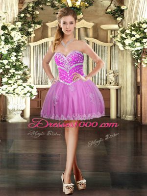 Lilac Ball Gowns Sweetheart Sleeveless Tulle Mini Length Lace Up Beading and Appliques Homecoming Party Dress