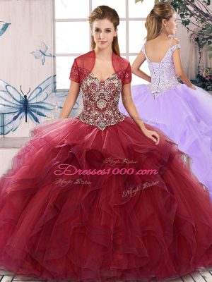 Burgundy Ball Gowns Tulle Off The Shoulder Sleeveless Beading and Ruffles Floor Length Lace Up Sweet 16 Quinceanera Dress