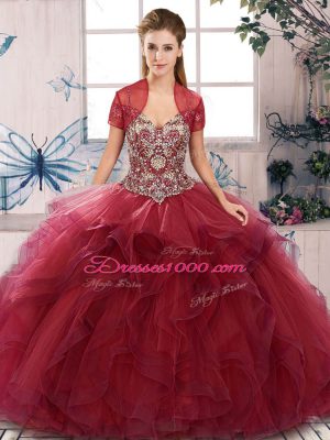 Burgundy Ball Gowns Tulle Off The Shoulder Sleeveless Beading and Ruffles Floor Length Lace Up Sweet 16 Quinceanera Dress