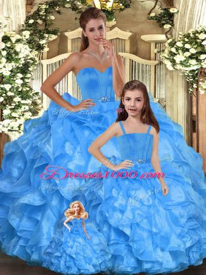 Sleeveless Floor Length Ruffles Lace Up Quinceanera Dresses with Baby Blue