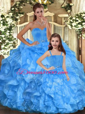 Sleeveless Floor Length Ruffles Lace Up Quinceanera Dresses with Baby Blue