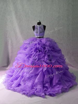 Dazzling Floor Length Lavender Vestidos de Quinceanera Scoop Sleeveless Brush Train Zipper