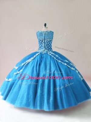 Blue Sleeveless Floor Length Beading and Appliques Lace Up Quinceanera Gown