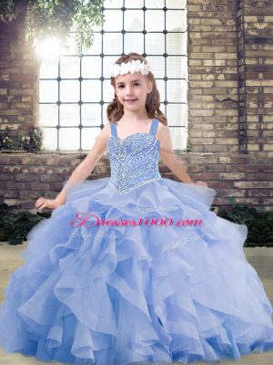 Latest Lavender Tulle Lace Up Girls Pageant Dresses Sleeveless Floor Length Beading and Ruffles