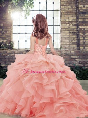 Latest Lavender Tulle Lace Up Girls Pageant Dresses Sleeveless Floor Length Beading and Ruffles