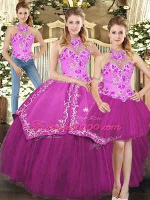Sleeveless Floor Length Embroidery Lace Up Quinceanera Gowns with Fuchsia