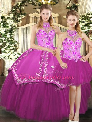 Sleeveless Floor Length Embroidery Lace Up Quinceanera Gowns with Fuchsia