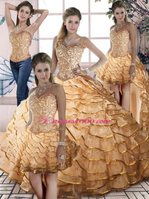 Organza Sweetheart Sleeveless Brush Train Lace Up Beading and Ruffled Layers Quince Ball Gowns in Gold
