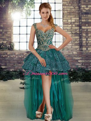 Tulle Straps Sleeveless Lace Up Beading and Lace High School Pageant Dress in Dark Green