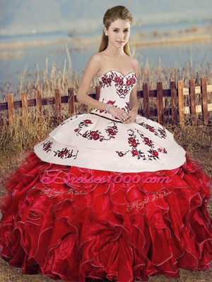 High Class White And Red Sleeveless Organza Lace Up Sweet 16 Dresses for Military Ball and Sweet 16 and Quinceanera