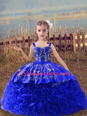 Royal Blue Lace Up Straps Embroidery Pageant Dress for Girls Fabric With Rolling Flowers Sleeveless Sweep Train