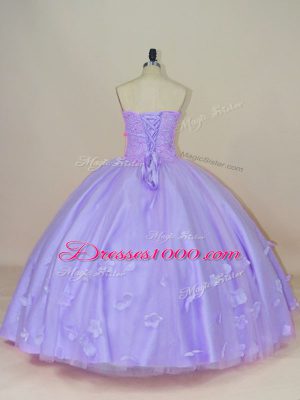 High Quality Lavender Ball Gowns Tulle Sweetheart Sleeveless Beading and Hand Made Flower Floor Length Backless Sweet 16 Dresses