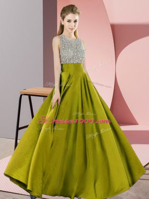 Floor Length Olive Green Prom Dress Elastic Woven Satin Sleeveless Beading
