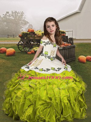 Olive Green Straps Neckline Embroidery and Ruffles Child Pageant Dress Sleeveless Lace Up