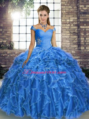 Discount Blue Lace Up Off The Shoulder Beading and Ruffles Quinceanera Dress Organza Sleeveless Brush Train
