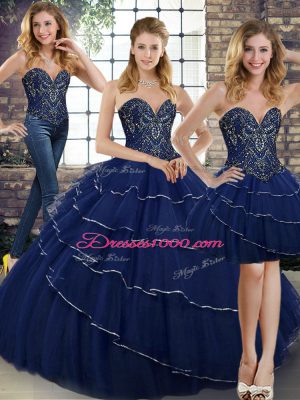 Navy Blue Tulle Lace Up Vestidos de Quinceanera Sleeveless Brush Train Beading and Ruffled Layers