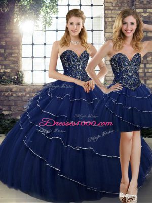 Navy Blue Tulle Lace Up Vestidos de Quinceanera Sleeveless Brush Train Beading and Ruffled Layers