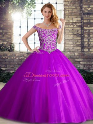 Off The Shoulder Sleeveless Brush Train Lace Up Sweet 16 Dresses Purple Tulle