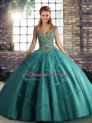 Sweet Floor Length Teal Quinceanera Dress Straps Sleeveless Lace Up