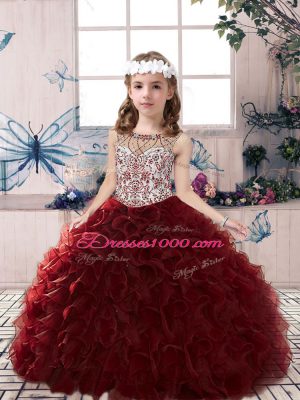 Sweet Scoop Sleeveless Little Girl Pageant Gowns Floor Length Beading and Ruffles Burgundy Organza