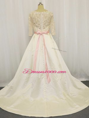 Customized White Half Sleeves Brush Train Beading and Lace Wedding Gown