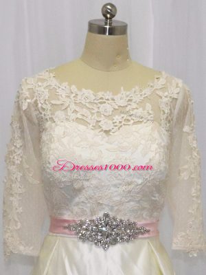 Customized White Half Sleeves Brush Train Beading and Lace Wedding Gown