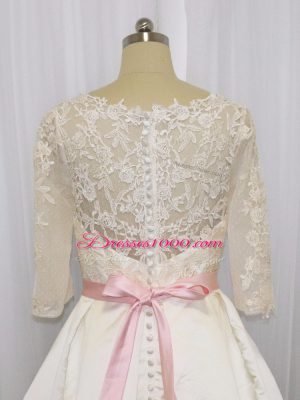 Customized White Half Sleeves Brush Train Beading and Lace Wedding Gown