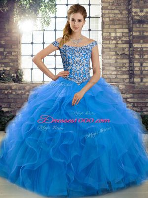 Blue Sleeveless Tulle Brush Train Lace Up Sweet 16 Quinceanera Dress for Military Ball and Sweet 16 and Quinceanera