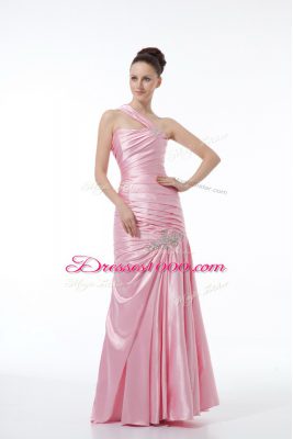 Sleeveless Floor Length Beading and Ruching Lace Up Prom Gown with Baby Pink