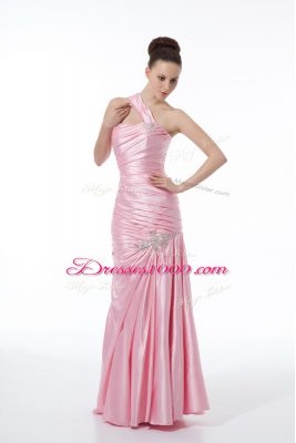 Sleeveless Floor Length Beading and Ruching Lace Up Prom Gown with Baby Pink