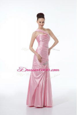 Sleeveless Floor Length Beading and Ruching Lace Up Prom Gown with Baby Pink