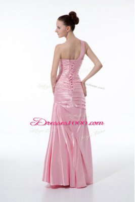 Sleeveless Floor Length Beading and Ruching Lace Up Prom Gown with Baby Pink