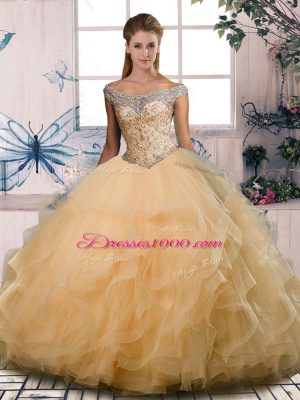 Gold Ball Gowns Tulle Off The Shoulder Sleeveless Beading and Ruffles Floor Length Lace Up 15th Birthday Dress