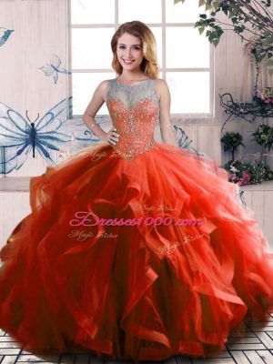 Eye-catching Sleeveless Tulle Floor Length Lace Up Quinceanera Gown in Rust Red with Beading and Ruffles