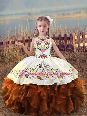 Low Price Floor Length Rust Red Little Girls Pageant Dress Scoop Sleeveless Lace Up
