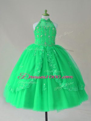 On Sale Floor Length Turquoise Pageant Dress Wholesale Tulle Sleeveless Beading and Appliques